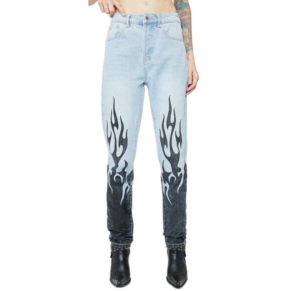 Edikted Black Flame Two Tone Denim Light Wash Jeans High Rise Button Fly size S - Picture 1 of 12